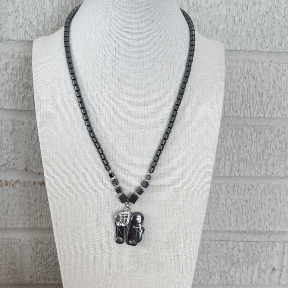 Jewelry - Hematite Carved Elephant Pendant Beaded Necklace Trunk Up Silver Tone
